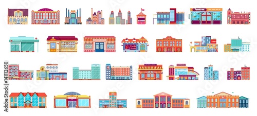 Vector set isolated icons architecture buildings in flat style