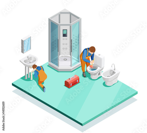 Plumbers In Modern Bathroom Isometric Image