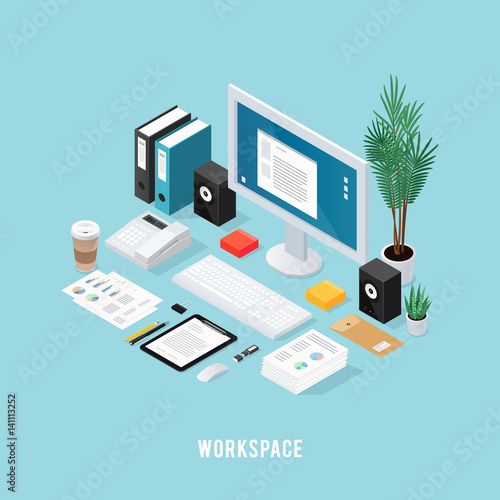 Colored Office Workspace Isometric Composition