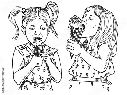 Beautiful baby girls eating ice cream in a waffle cup, hand drawn doodle, sketch in pop art style, vector