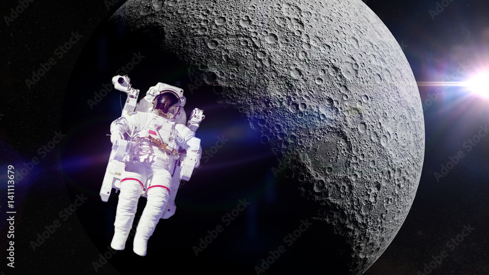 Obraz premium astronaut in front of the far side of the Moon (3d illustration, elements of this image are furnished by NASA)