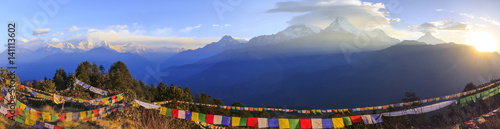 Annapurna mountain range and panorama sunrise view from Poonhill, famous trekking destination in Nepal. photo