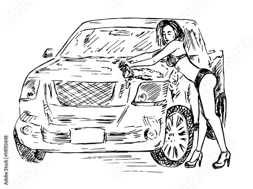 Girl in bikini washing jeep, hand drawn doodle, sketch in pop art style, vector illustration