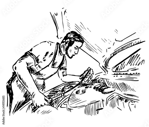 Mechanic checks the oil level in the car,and drawn doodle, sketch in pop art style, vector illustration