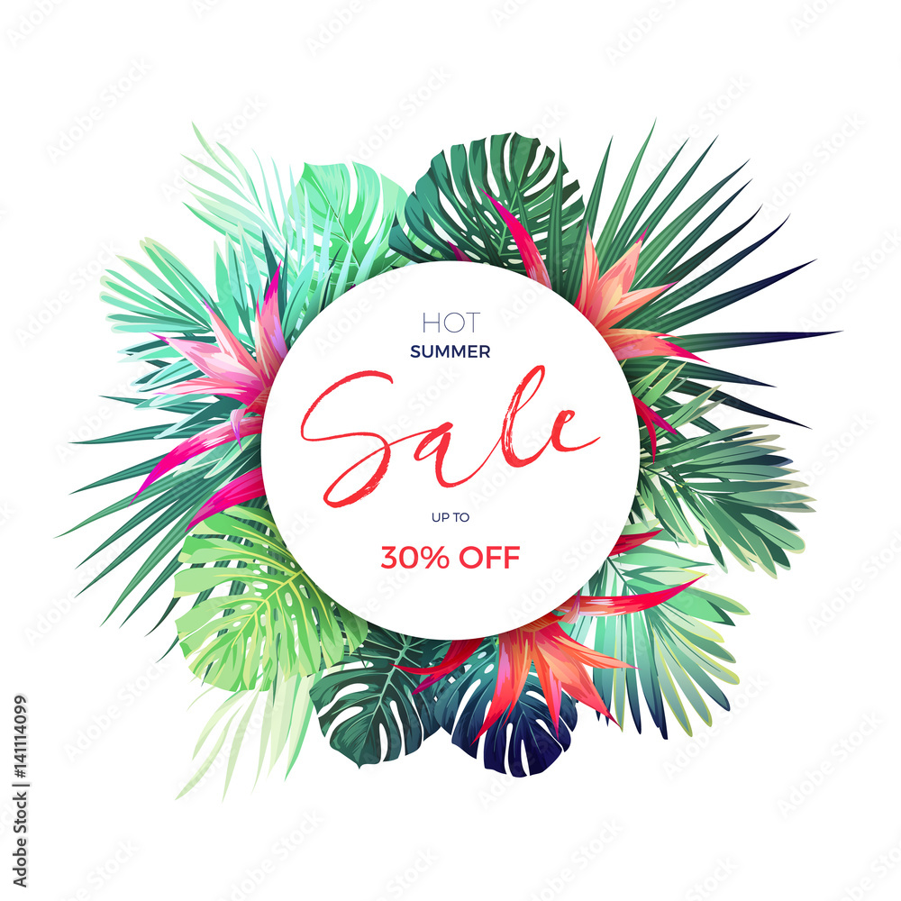 Obraz premium Summer vector floral sale banner. Tropical template design with palm leaves and red guzmania flowers.