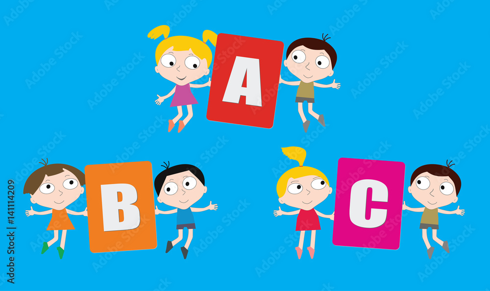 Cartoon children with colored letters in hands. Cartoon children with colored letters in hands.