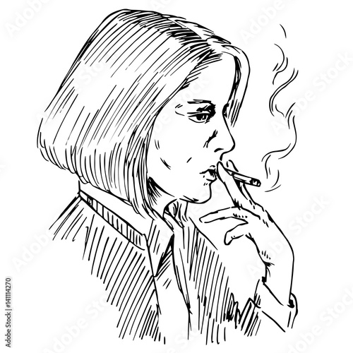 The young woman smoking a cigarette, hand drawn doodle, sketch in pop art style, vector illustration