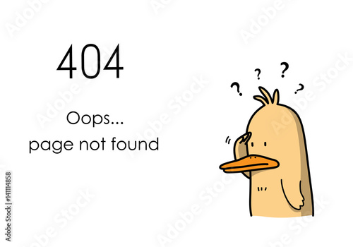 404 Error Page Not Found Website Banner, a confused duck cartoon can't find the internet page.