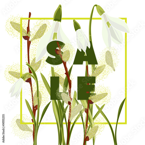Floral snowdrops and pussy willow hand drawn colored card. Modern typography with text sale
