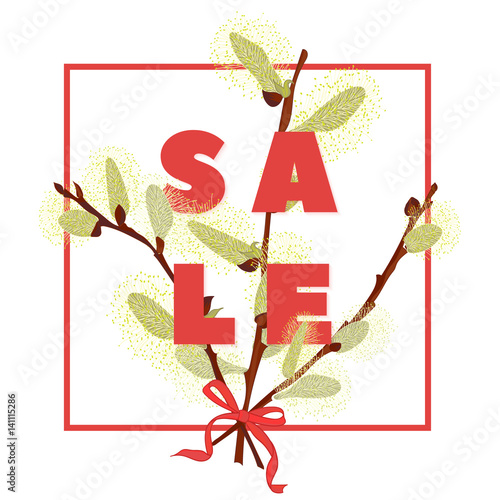 Floral pussy willow hand drawn colored card. Modern typography with text sale