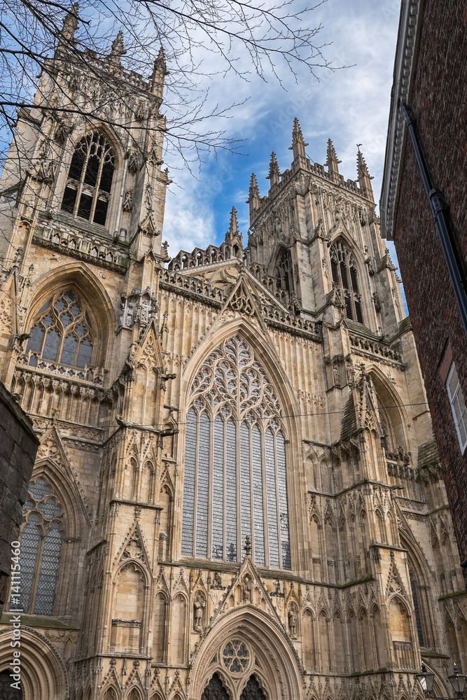 The upper part of the western facade of the York Minster, United Kingdom