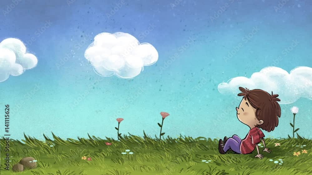 Niño en el campo. Prado con nubes, hierbas y flores