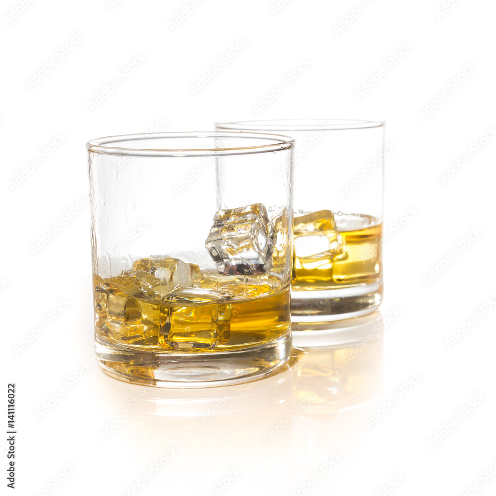 whiskey glasses with ice cubes isolated on white set collage whiskey glasses with ice cubes isolated on white set collage
