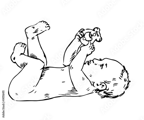 Newborn baby is playing with rattle toy, hand drawn doodle, sketch in pop art style, vector illustration