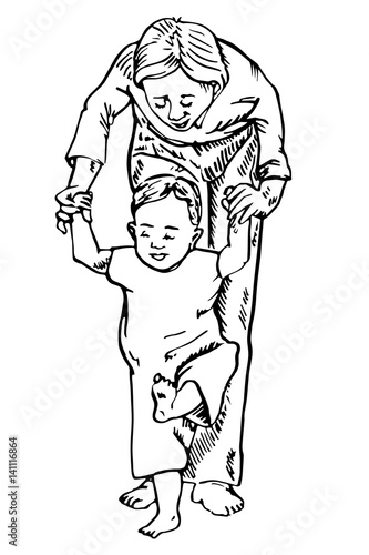 Mother holds child by the hands and learn to walk, first steps, hand drawn doodle, sketch in pop art style, vector illustration