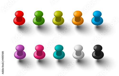 Office vector push pins set made of shiny colorful plastic, eps10 clipart elements