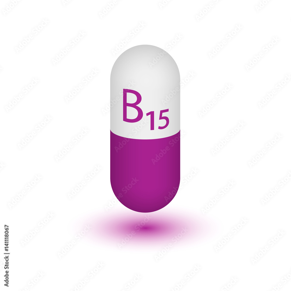 Vitamin B15 Pangamovoy acid. Two-tone capsule on a white background. Vector illustration. Vitamin B15 Pangamovoy acid. Two-tone capsule on a white background. Vector illustration.