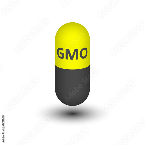 Capsule with the icon from GMOs. Pill contains genetically modified raw materials. Vector illustration. Design element.