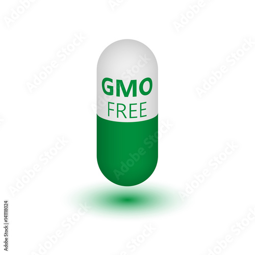 Three-dimensional capsules on white background with inscription. Design element. Non-GMO. Medicines that do not contain genetically modified components. Vector illustration.