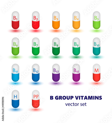 Set of capsules containing B vitamins B Multi-colored pills on white background. Vector illustration. Design elements.