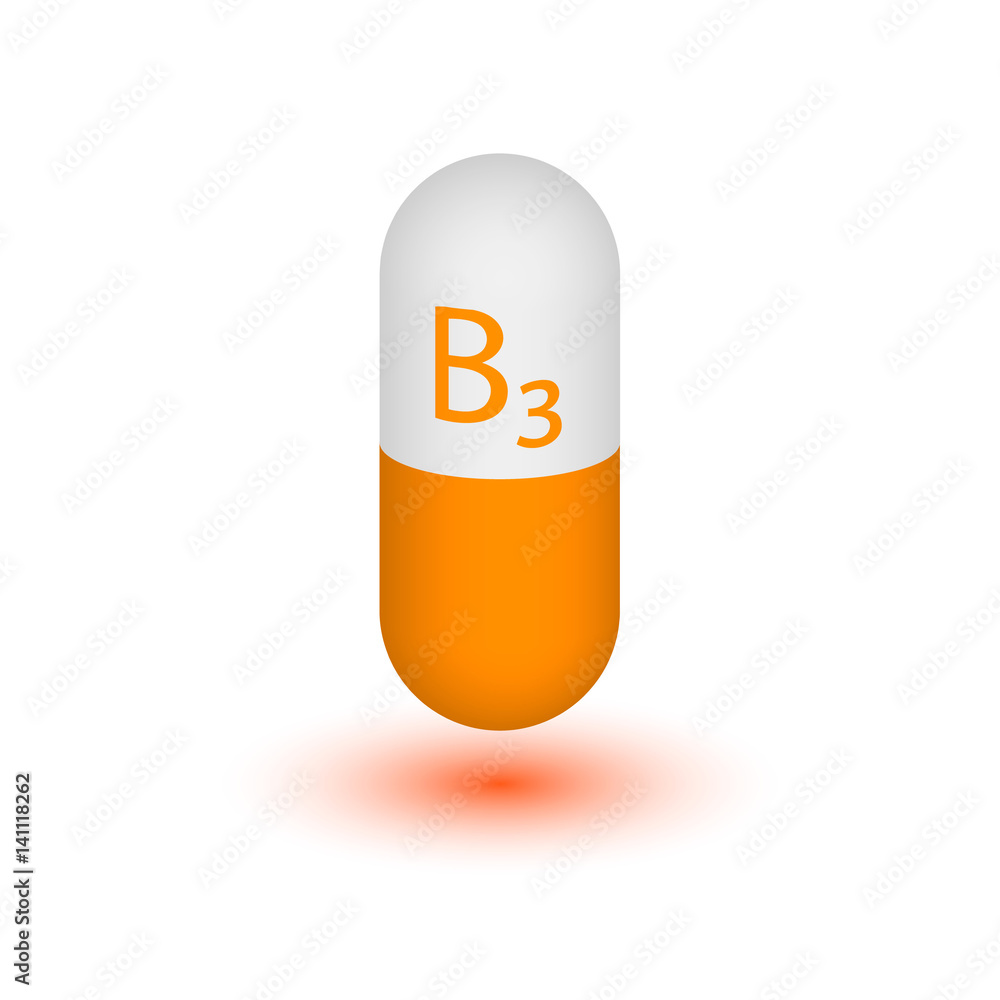 Symbol vitamin B3 isolated on white background. Nicotinamide. Nicotinic acid. Niacinamide. Two-tone capsule. Vector image. The element design. Symbol vitamin B3 isolated on white background. Nicotinamide. Nicotinic acid. Niacinamide. Two-tone capsule. Vector image. The element design.