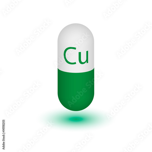 Icon copper green mineral. Vector 3D pill capsules Kuprum mineral and vitamin complex. A healthy lifestyle medical and food additive. Design element. Vector image.