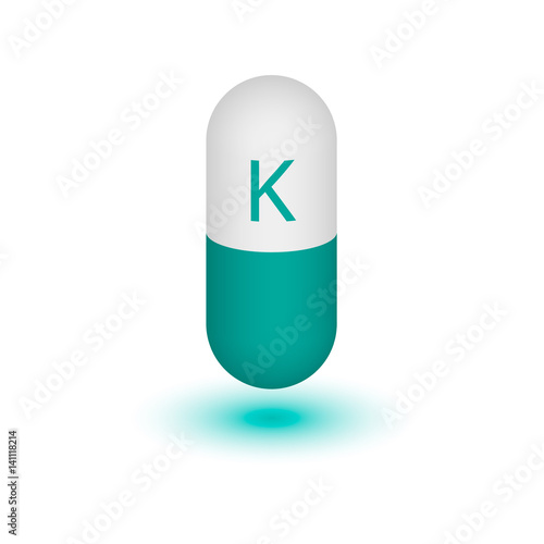 The icon of the potassium mineral of blue color. Vector 3D pill capsules potassium is a mineral and vitamin complex. A healthy lifestyle medical and food additive. Two-tone capsule. Design element.