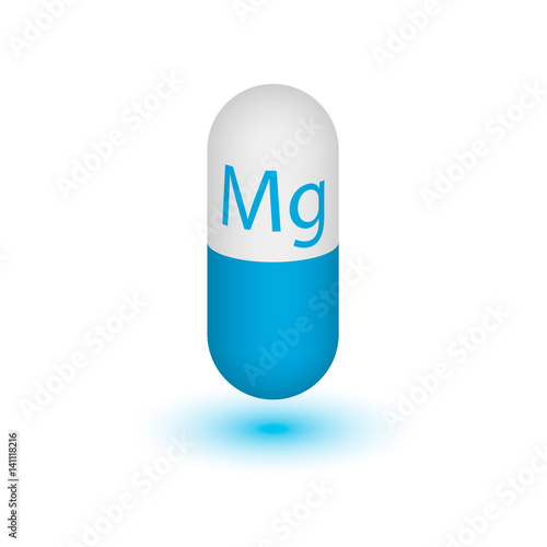 Icon of magnesium mineral blue. Vector 3D pill capsules vitamin-mineral complex. A healthy lifestyle medical and food additive. Design element. Two-tone capsule.