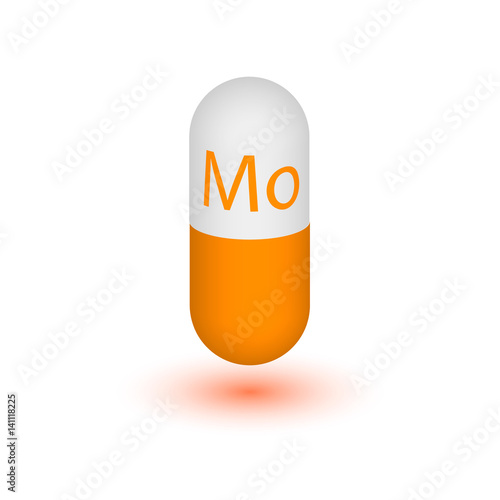 Icon of molybdenum mineral. Vector 3D pill capsules molybdenum mineral and vitamin complex. A healthy lifestyle medical and food additive. Two-tone capsule. Design element.