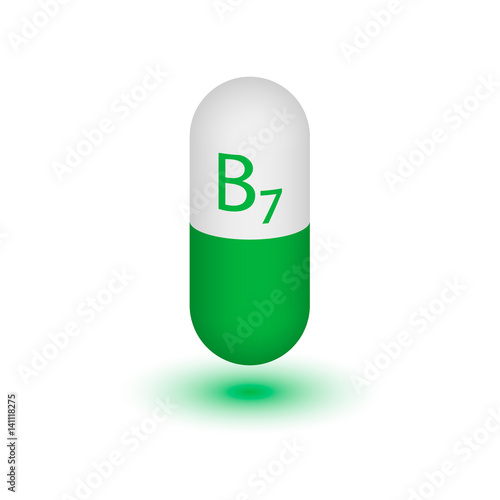 VITAMIN B7 Biotin ( the W factor, skin factor, coenzyme R, factor X). Two-tone capsule on a white background. Design element. Vector illustration.