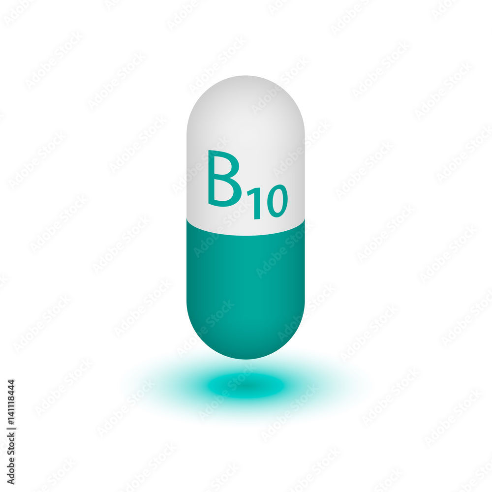 Vitamin B10, para-aminobenzoic acid. Two-tone capsule on a white background. Design element. Vector illustration. Vitamin B10, para-aminobenzoic acid. Two-tone capsule on a white background. Design element. Vector illustration.