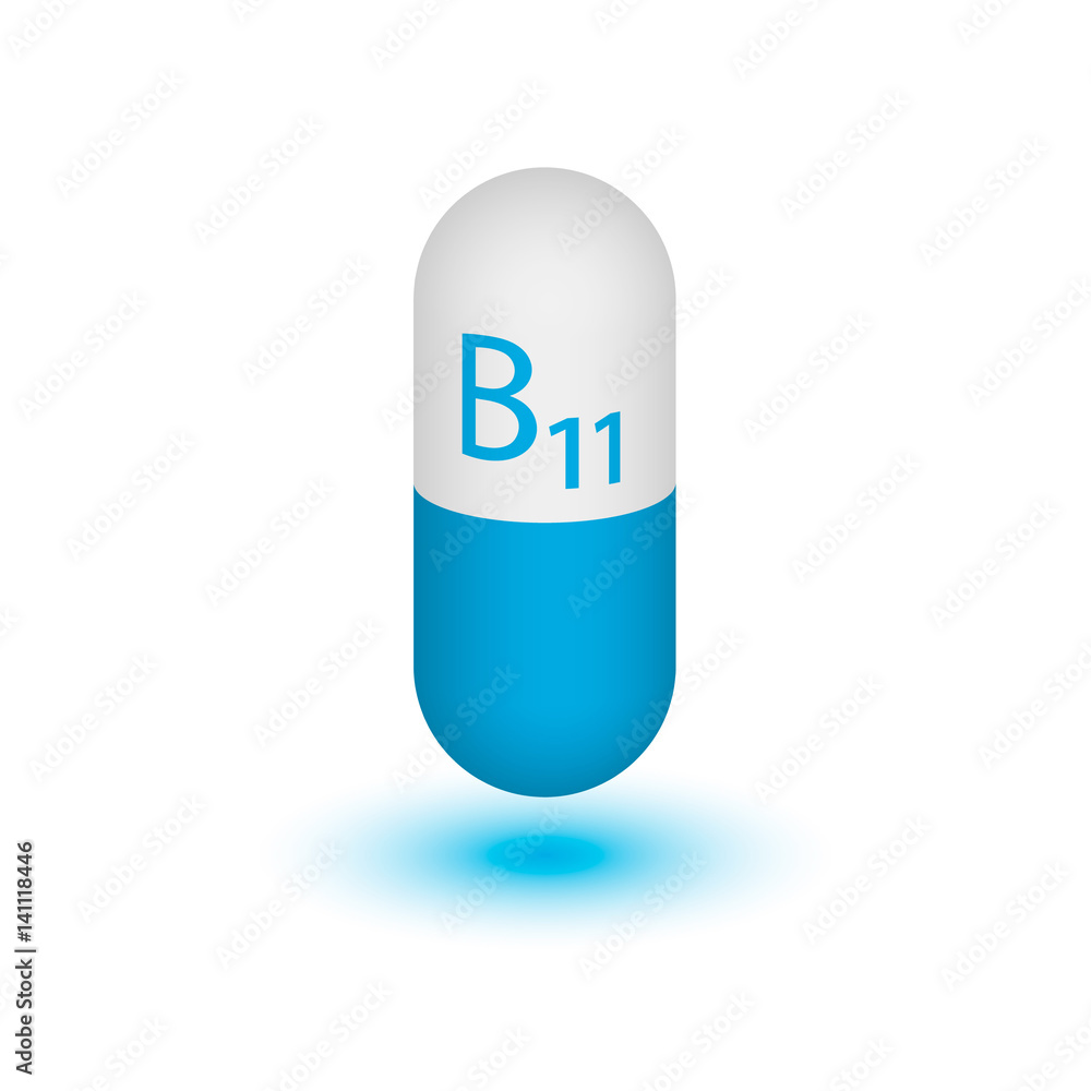 Vitamin B11. Levocarnitine. Two-tone capsule on a white background. Design element. Vitamin B11. Levocarnitine. Two-tone capsule on a white background. Design element.