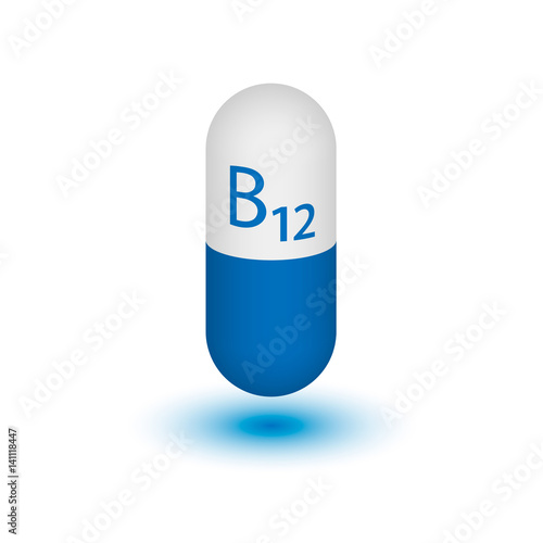 Vitamin B12 shot. Cyanocobalamin. Two-tone capsule on a white background. Design element. Vector illustration.