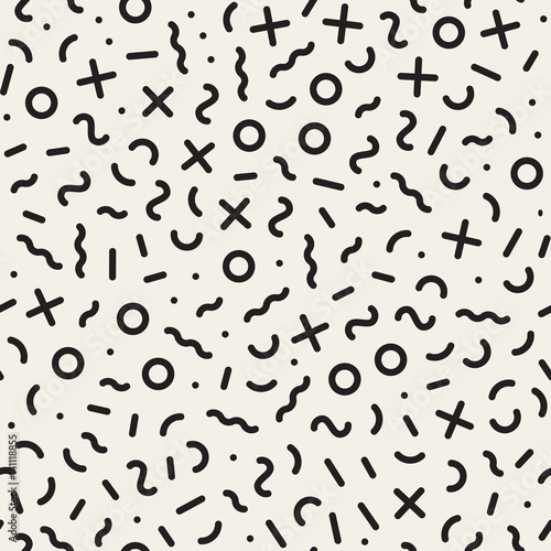 Scattered Geometric Line Shapes. Vector Seamless Black and White Pattern.