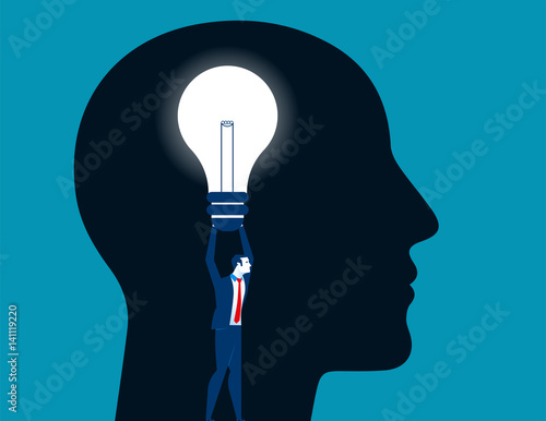 Businessman holding bulb and standing in a head. Concept business illustration. Vector flat photo