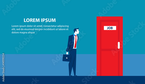 Businessman searching for job. Man standing candidate office room doors. Concept business illustration. Vector flat