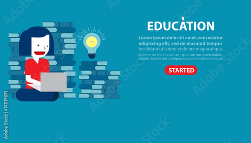Vector template of education character. Concept education illustration banners. Student sitting with laptop vector, website pages design