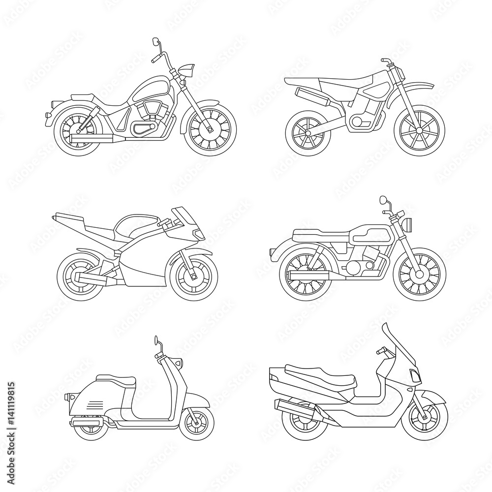 Motorcycle and scooter line icons set.
