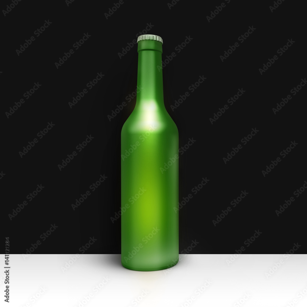 Clean green bottle of beer in corner room or studio. Studio illustration. Front view. 3D render. Clean green bottle of beer in corner room or studio. Studio illustration. Front view. 3D render.