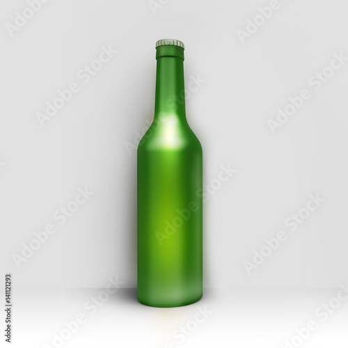 Clean green bottle of beer in corner room or studio. Studio illustration. Front view. 3D render.