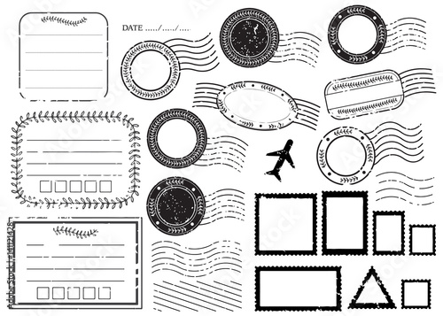 Blank postal stamps and foliage set.illustration vector