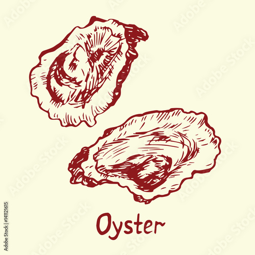 Oysters halves, with inscription, hand drawn doodle, sketch in pop art style, isolated vector illustration