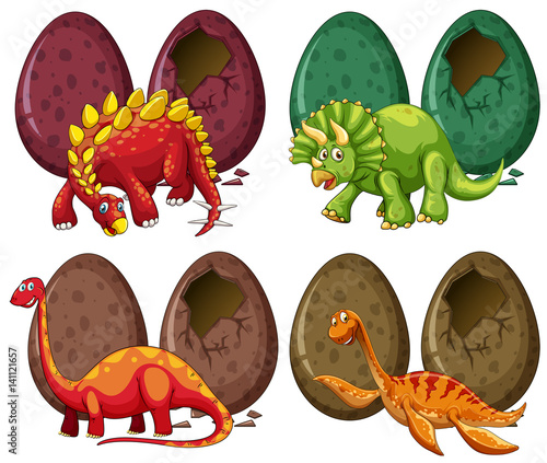 Four types of dinosaurs and eggs