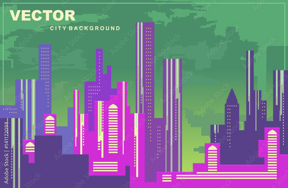 Colorful city panorama. Silhouettes of buildings, cityscape at night, vector background. Tall buildings, towers, skyscrapers. 8 bit