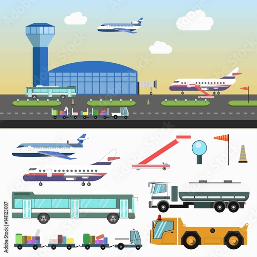 Airport structure and special vehicles set on white