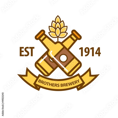 Gold hop, two beer bottles, golden ribbon with text isolated