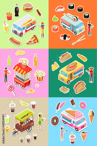 Set of Street Fast Food Eatery on Wheels Vectors