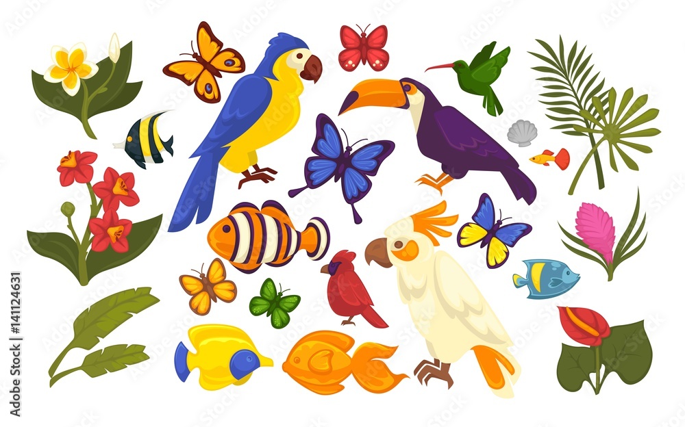 Set of exotic flora and fauna in cartoon style isolated Set of exotic flora and fauna in cartoon style isolated