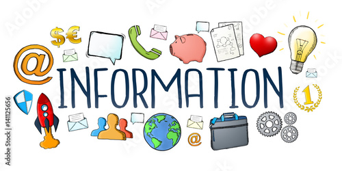 Hand-drawn information text with icons