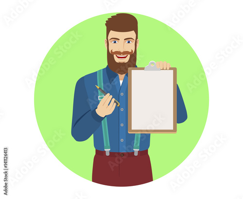 Hipster giving pen for your signature on clipboard